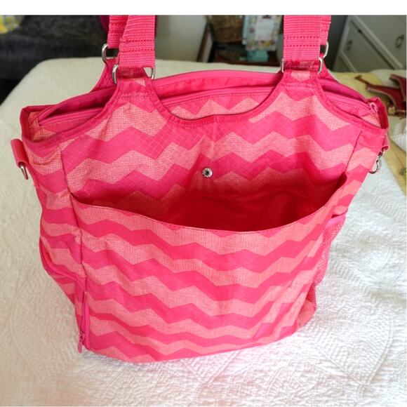 Thirty-One All Pro Tote Bag /Coral Punch Color /Chevron Fushia and Pink Striped - Picture 3 of 13